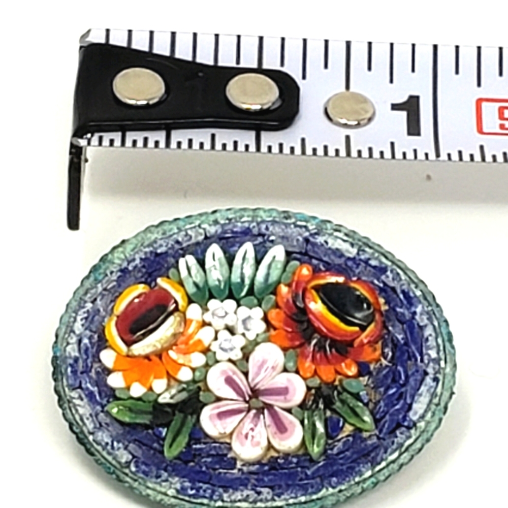 Vintage Micro Mosaic Raised Floral Oval Pin Brooch Purple Teal C Clamp - Picture 5 of 12